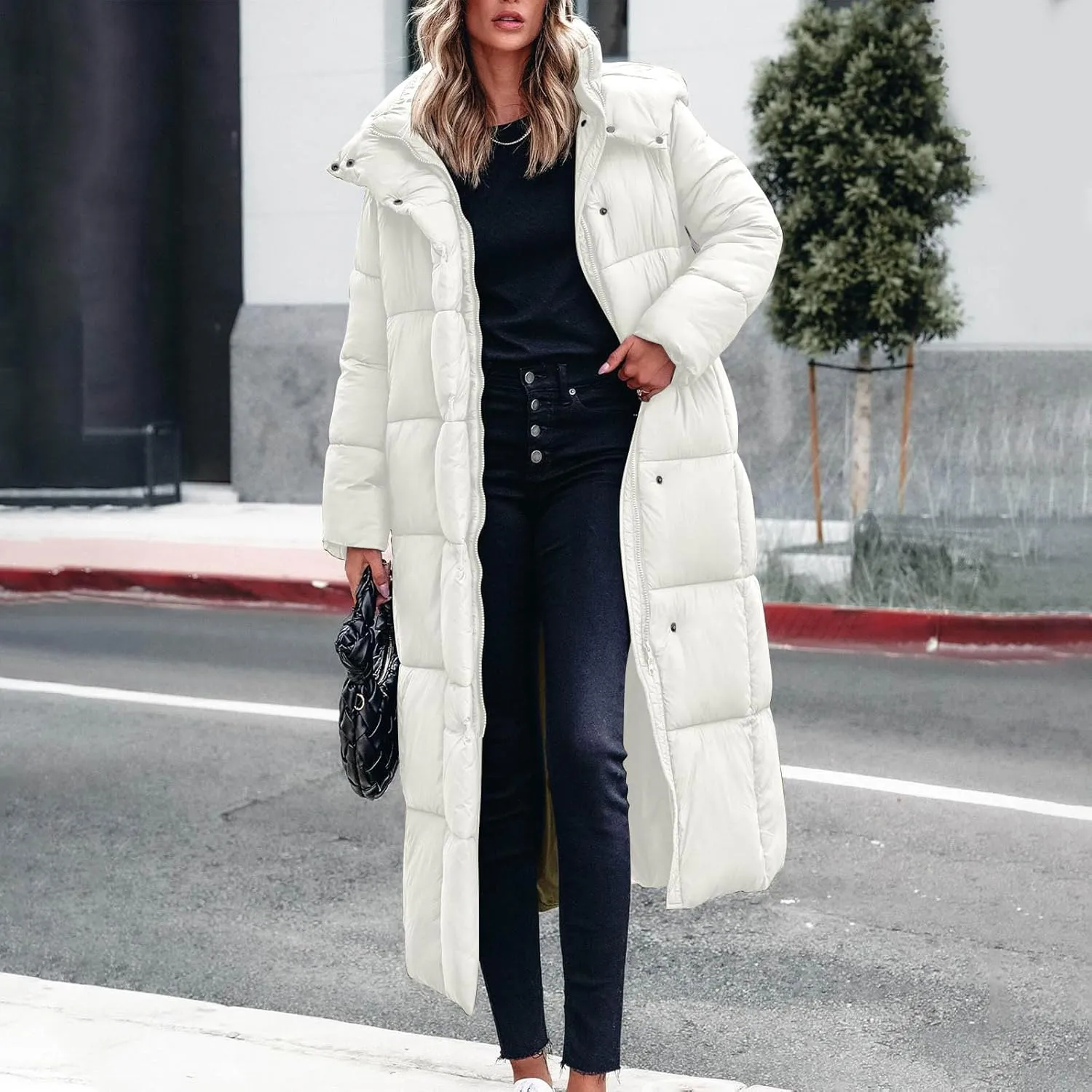NATHGAM Long Down Coats for Women Zipper Ankle Length Quilted Jacket Winter Plus Size Puffer Coat Soft Quilted Maxi Overcoat