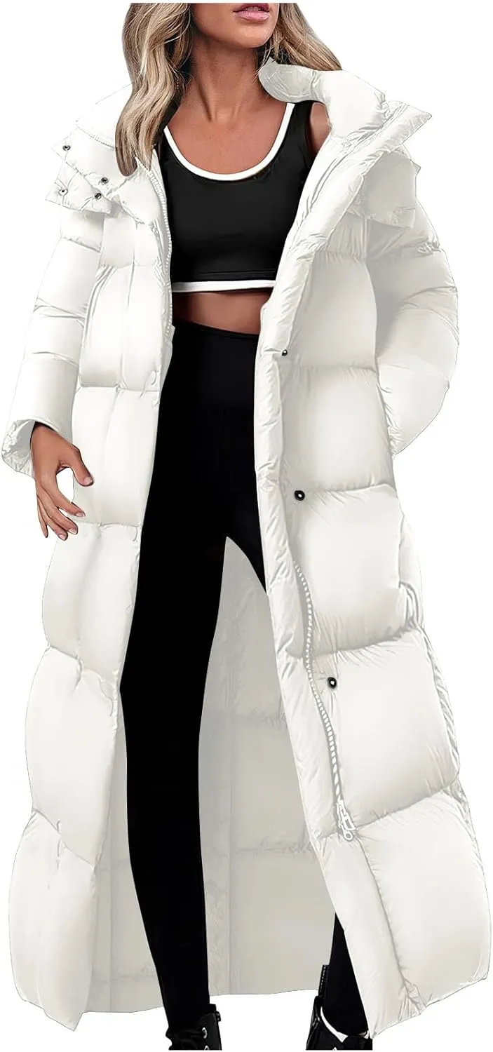 NATHGAM Long Down Coats for Women Zipper Ankle Length Quilted Jacket Winter Plus Size Puffer Coat Soft Quilted Maxi Overcoat