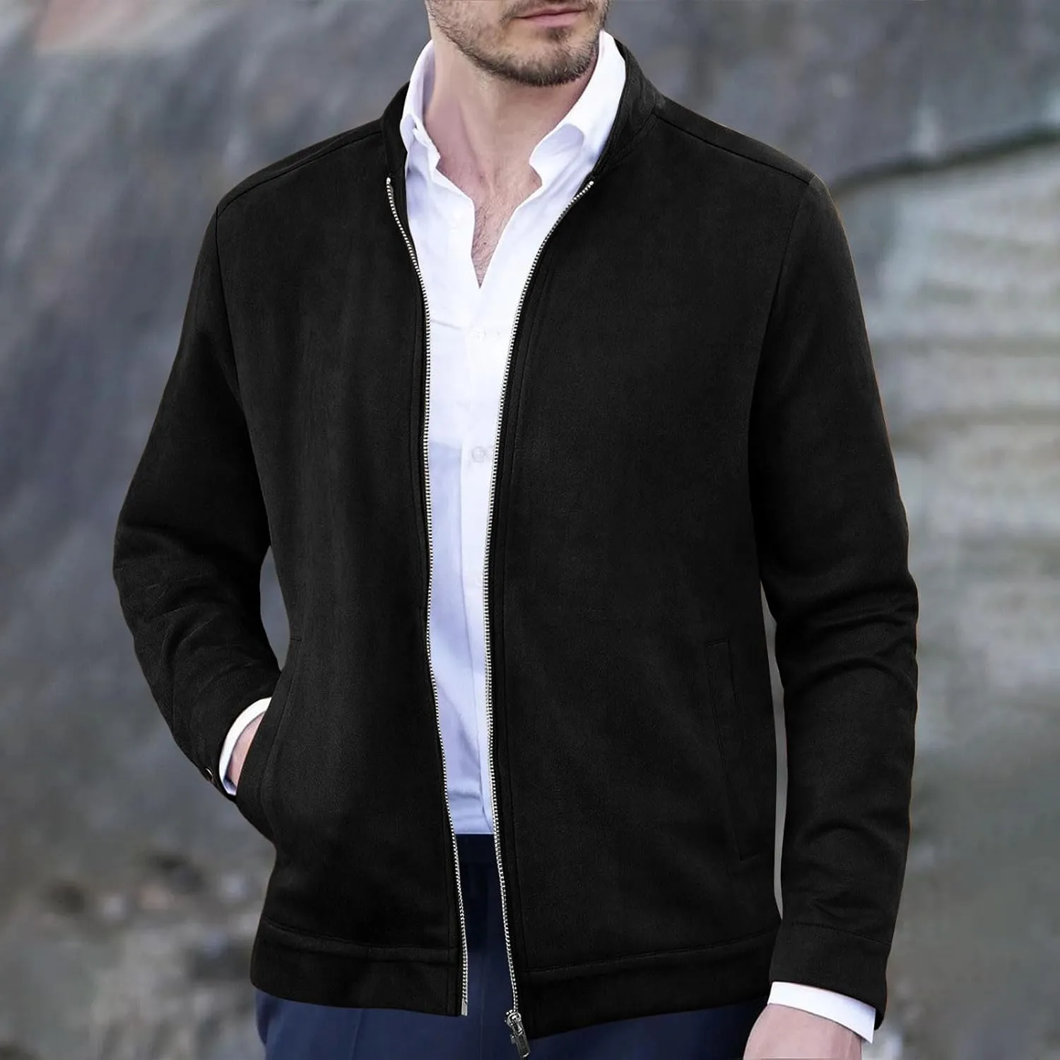 NATHGAM Mens Faux Suede Bomber Jacket Full Zip Vintage Lightweight Trucker Coat Golf Baseball Soft Business Work Slim Jackets
