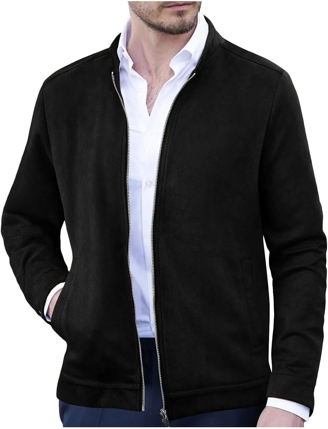 NATHGAM Mens Faux Suede Bomber Jacket Full Zip Vintage Lightweight Trucker Coat Golf Baseball Soft Business Work Slim Jackets