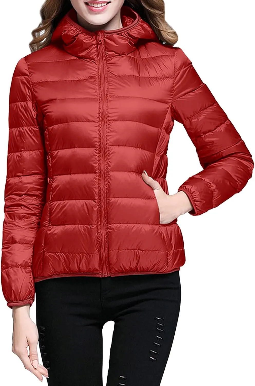 Packable Puffer Jacket Women Lightweight Short Down Jackets Winter Trendy Slim Fit Hooded Bubble Coat Light Puffer Jackets