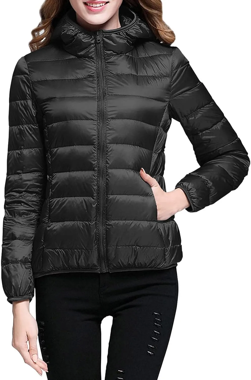 Packable Puffer Jacket Women Lightweight Short Down Jackets Winter Trendy Slim Fit Hooded Bubble Coat Light Puffer Jackets
