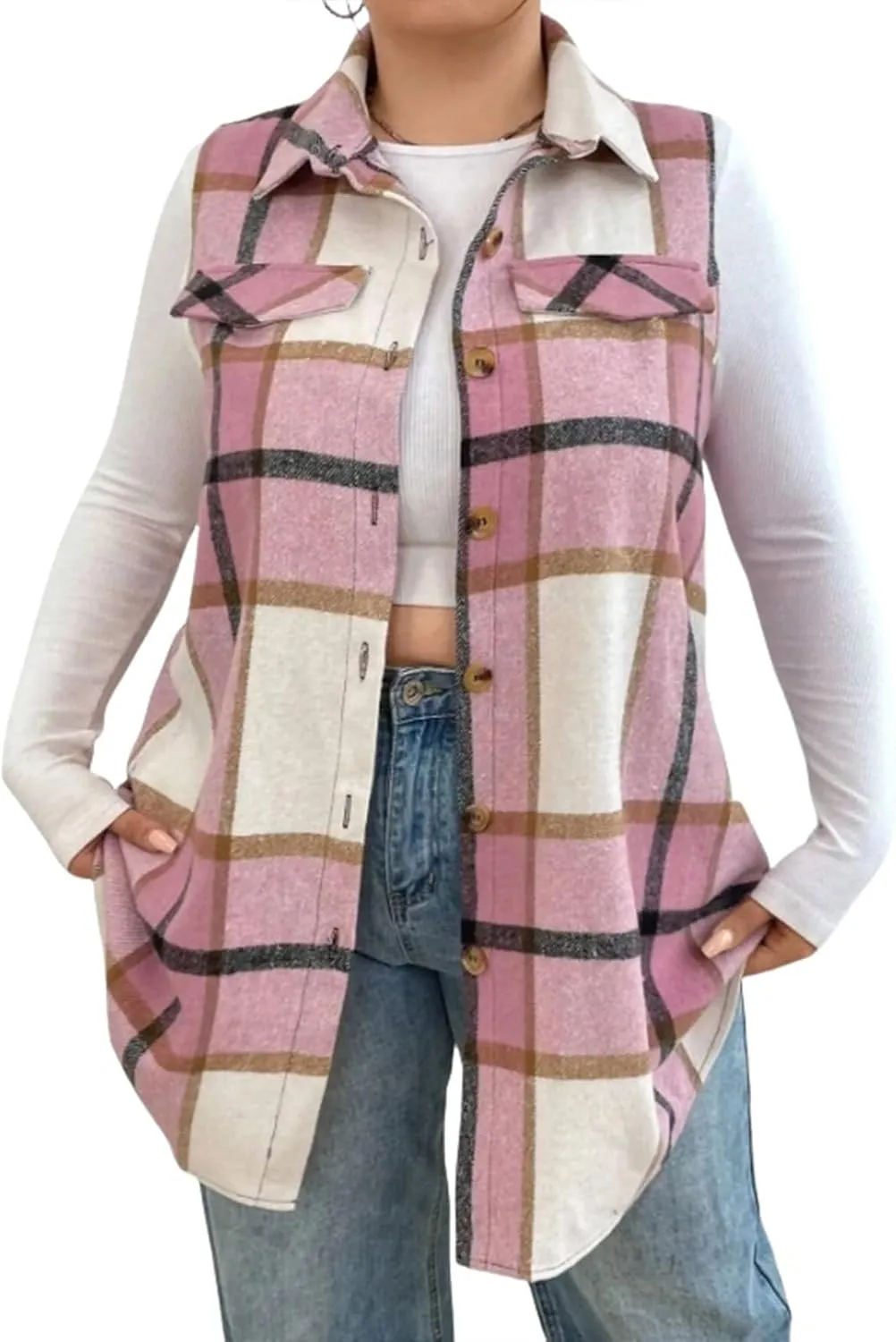 Plaid Vest for Women 2024 Trendy Casual Sleeveless Flannel Shirt Jacket Loose Lapel Button Down Coat with Pockets
