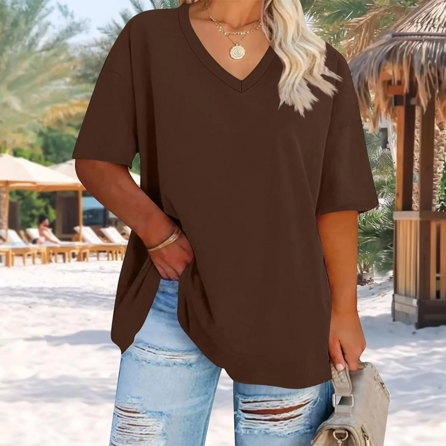 Plus Size Oversized T Shirts Women Fahsion V Neck Short Sleeve Drop Shoulder Tshirt Casual Summer Tunic Tops