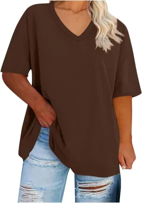 Plus Size Oversized T Shirts Women Fahsion V Neck Short Sleeve Drop Shoulder Tshirt Casual Summer Tunic Tops