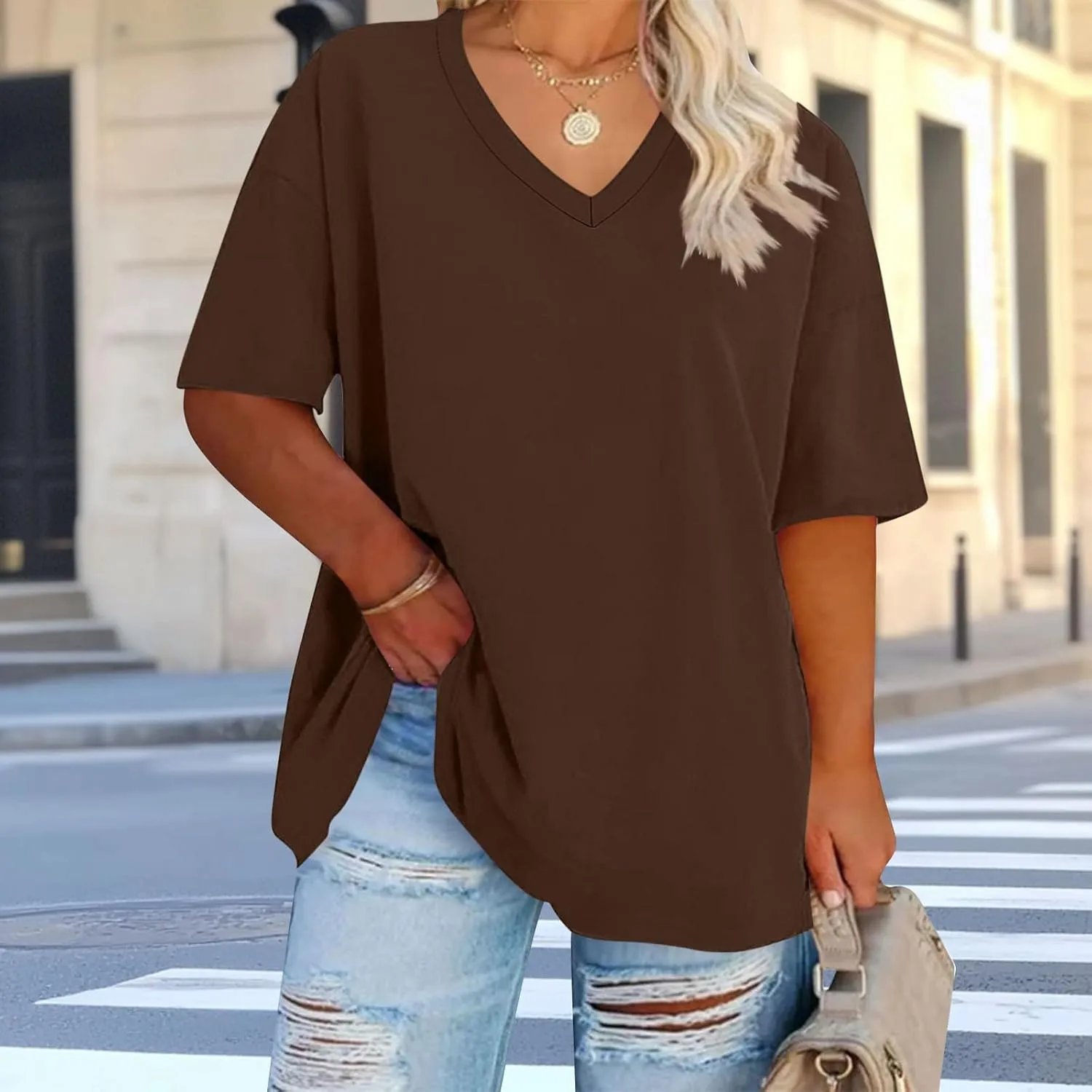 Plus Size Oversized T Shirts Women Fahsion V Neck Short Sleeve Drop Shoulder Tshirt Casual Summer Tunic Tops