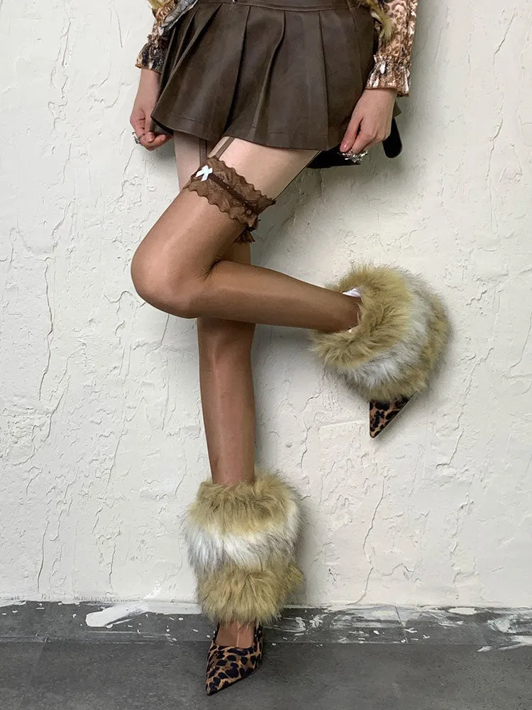 Punk White&Brown Y2K Shaggy Leg Warmers