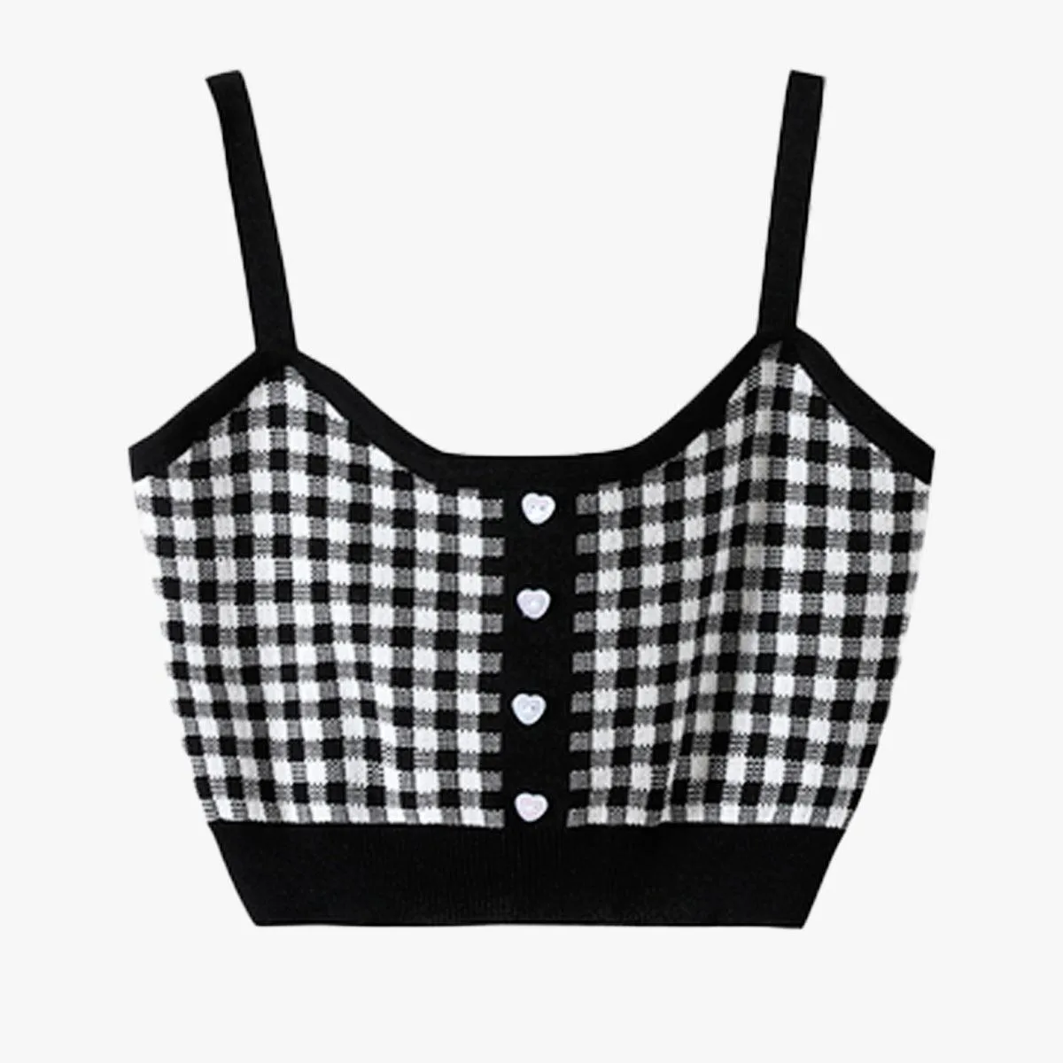 Short Knitted Plaid Crop Top Heart Buttons