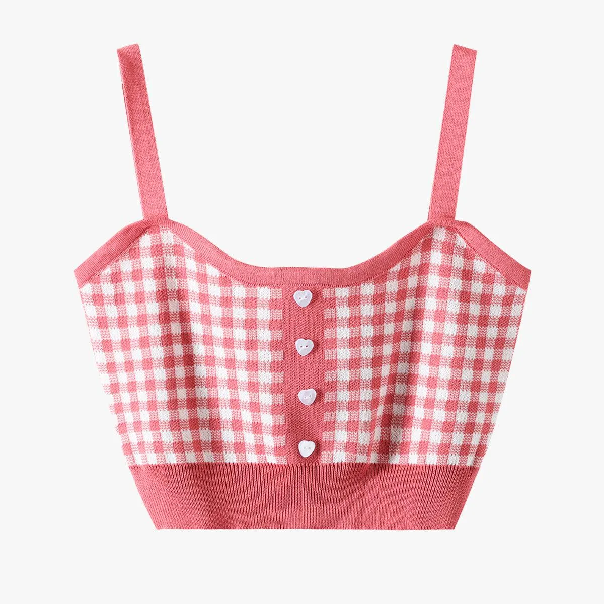 Short Knitted Plaid Crop Top Heart Buttons