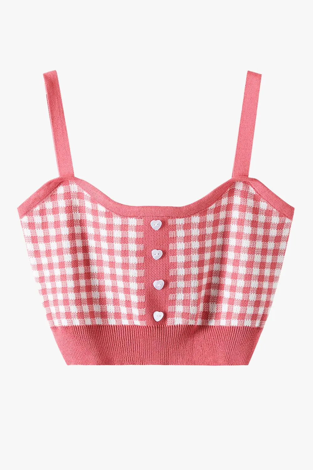 Short Knitted Plaid Crop Top Heart Buttons