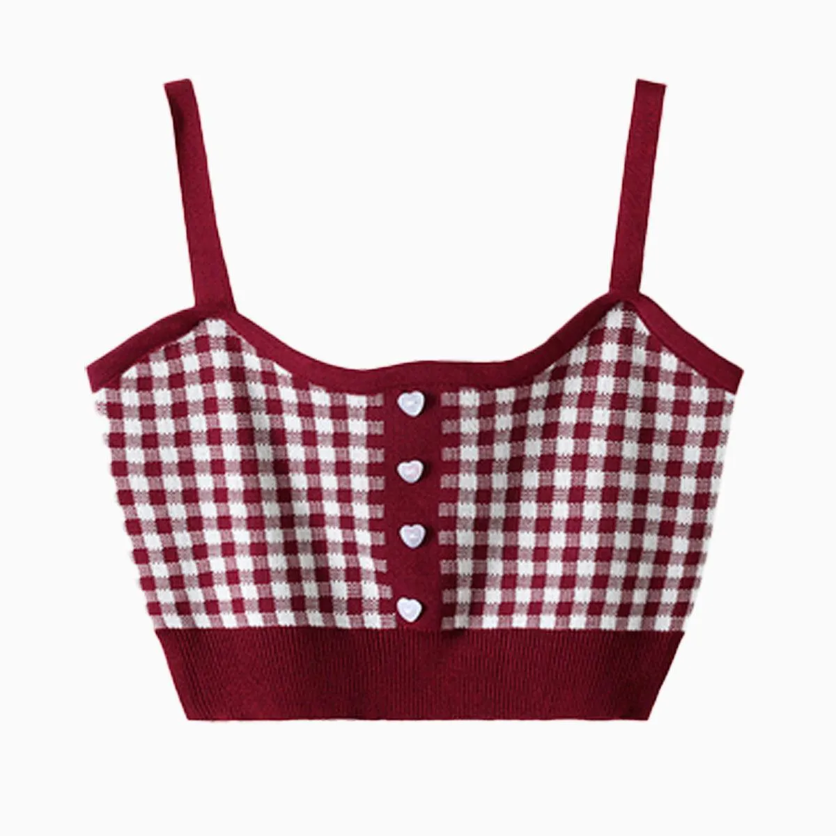 Short Knitted Plaid Crop Top Heart Buttons