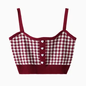 Short Knitted Plaid Crop Top Heart Buttons