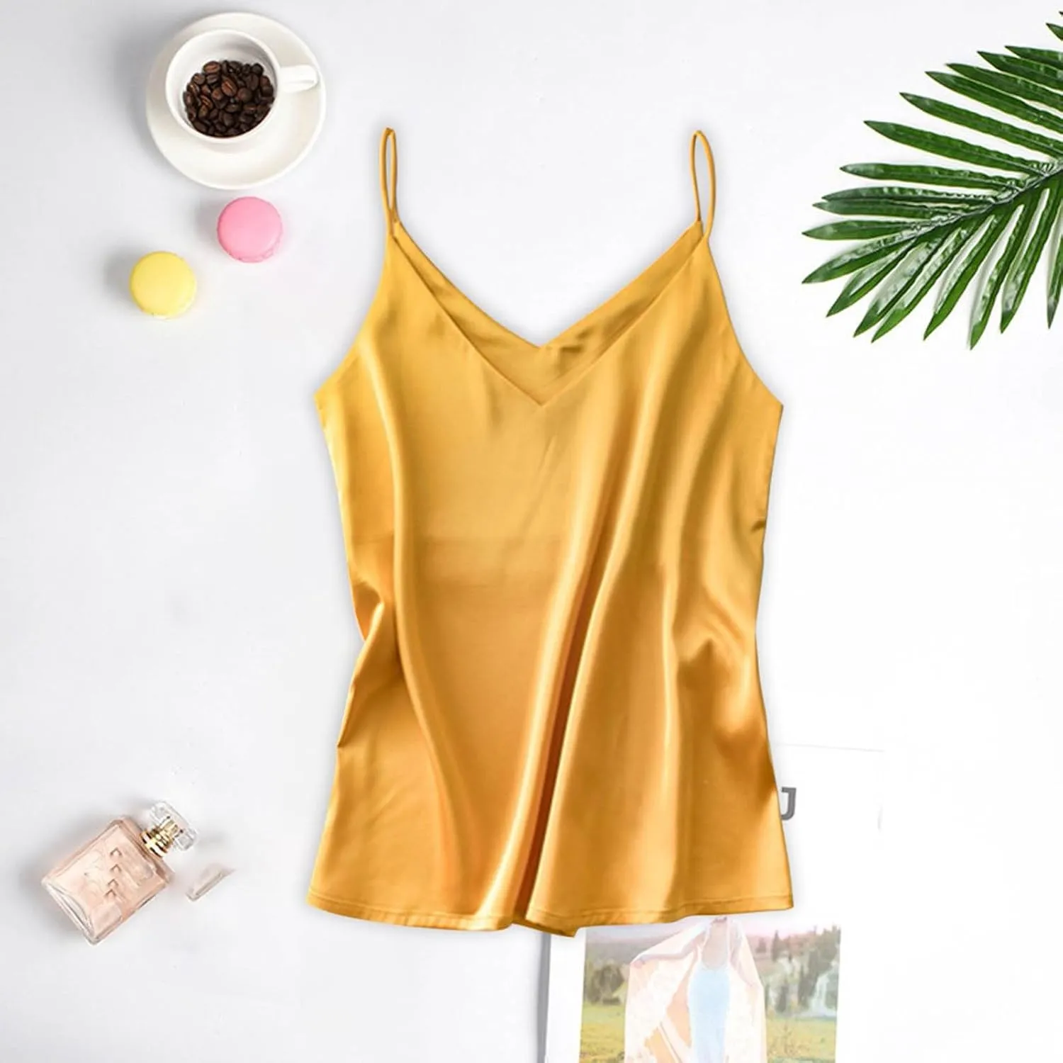 Silk Camisole Tops for Women Casual V Neck Satin Tank Top Comfy Spaghetti Strap Summer Blouses Basic Cami