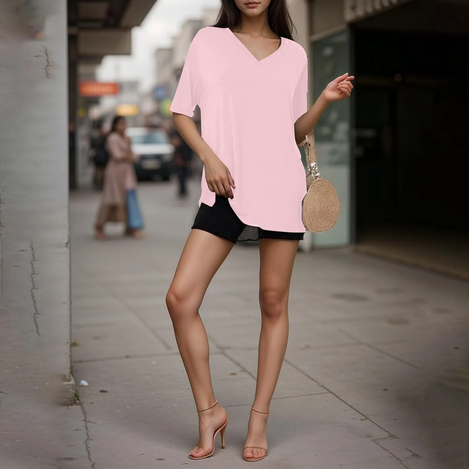 slqdgmryz Oversized Tshirts for Women Side Slit Half Sleeve Summer Tops Elbow Length V Neck T Shirts Loose Fit Dressy Blouses