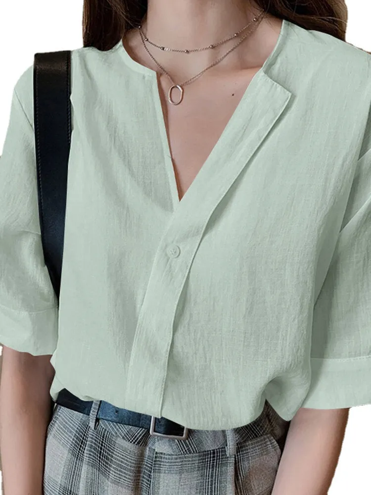 Solid V-neck Half Sleeve Button Blouse For Women