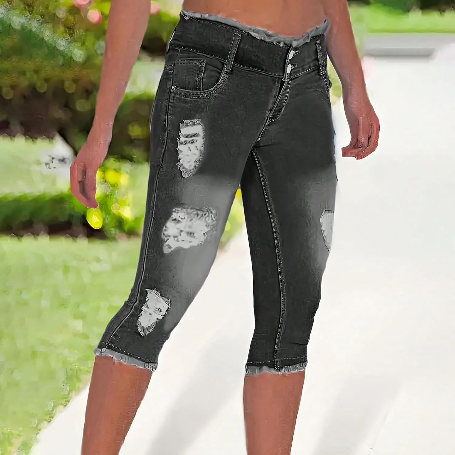 Stretch Jean Capris for Women Skinny Low Rise Ripped Jeans Vintage Distressed Jeans Butt Lift Capri Pants with Holes