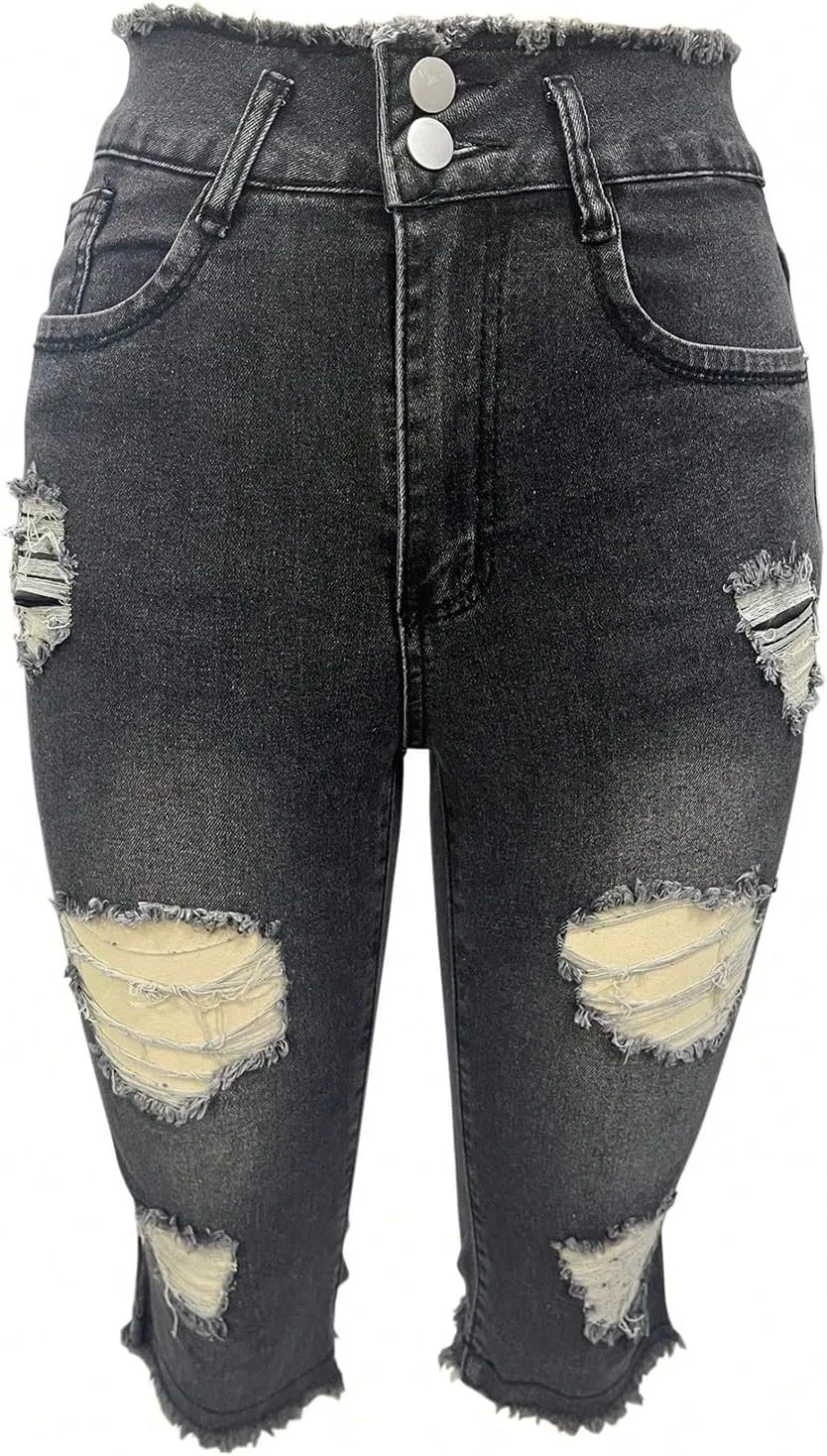 Stretch Jean Capris for Women Skinny Low Rise Ripped Jeans Vintage Distressed Jeans Butt Lift Capri Pants with Holes