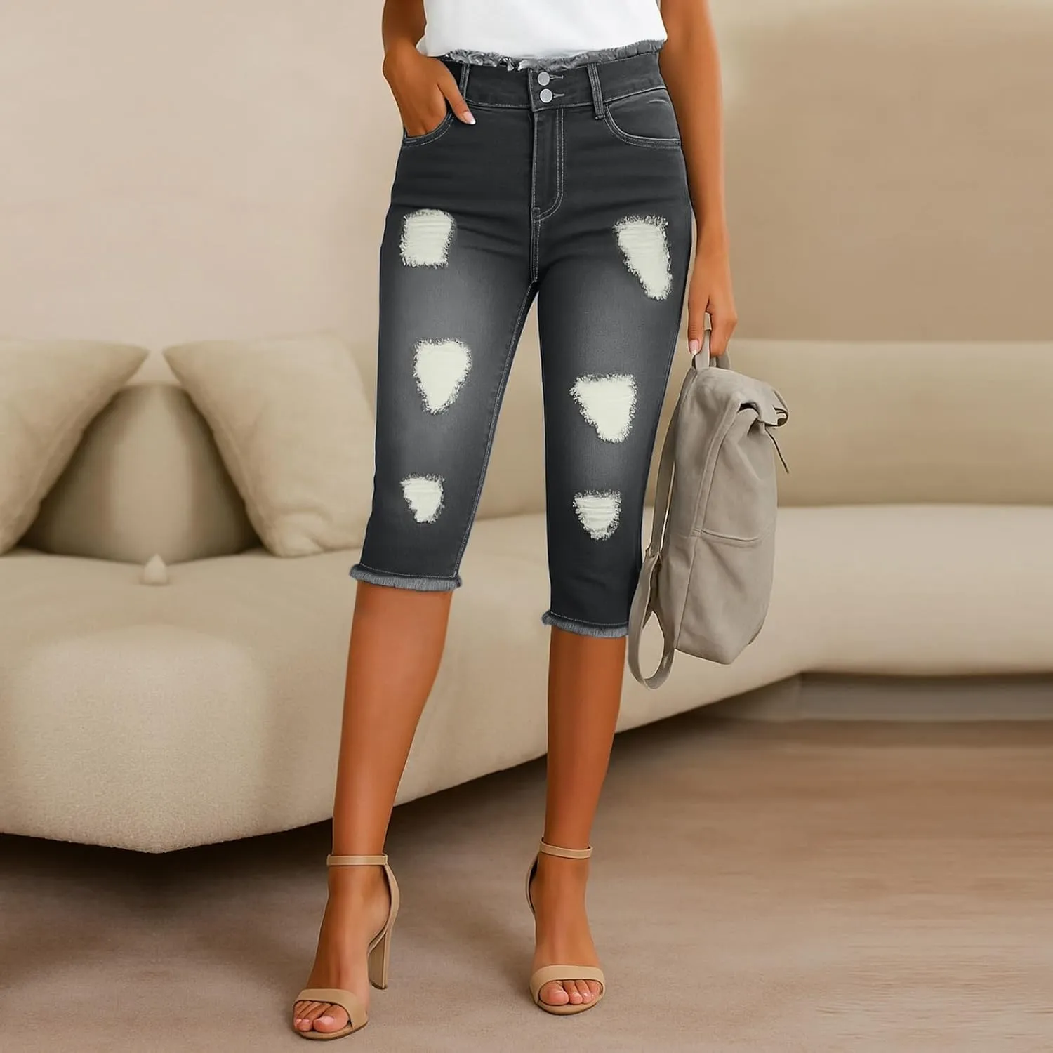Stretch Jean Capris for Women Skinny Low Rise Ripped Jeans Vintage Distressed Jeans Butt Lift Capri Pants with Holes