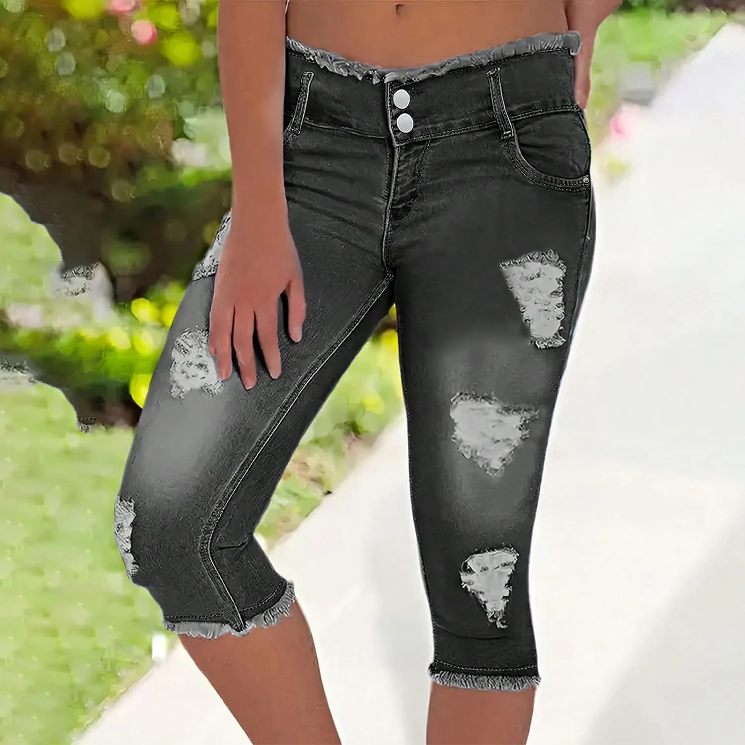 Stretch Jean Capris for Women Skinny Low Rise Ripped Jeans Vintage Distressed Jeans Butt Lift Capri Pants with Holes