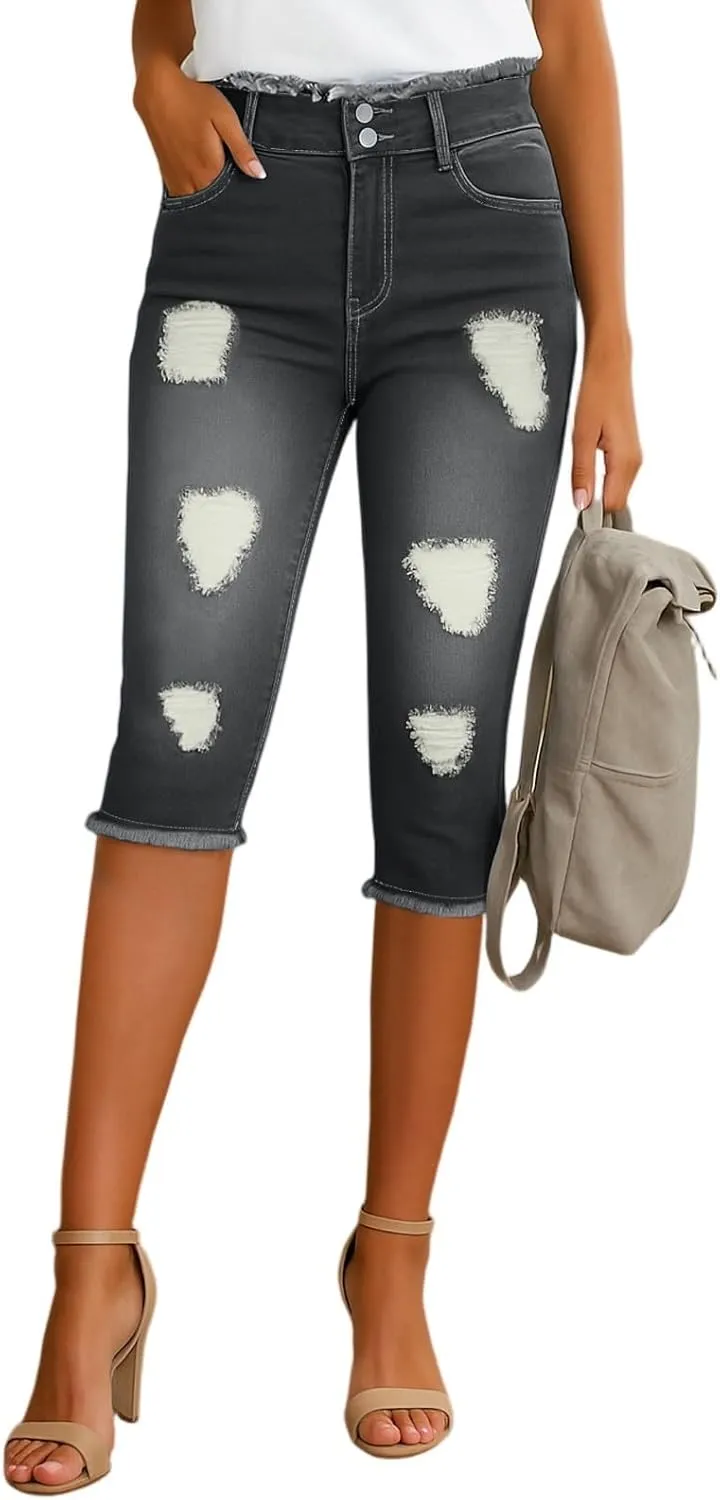 Stretch Jean Capris for Women Skinny Low Rise Ripped Jeans Vintage Distressed Jeans Butt Lift Capri Pants with Holes
