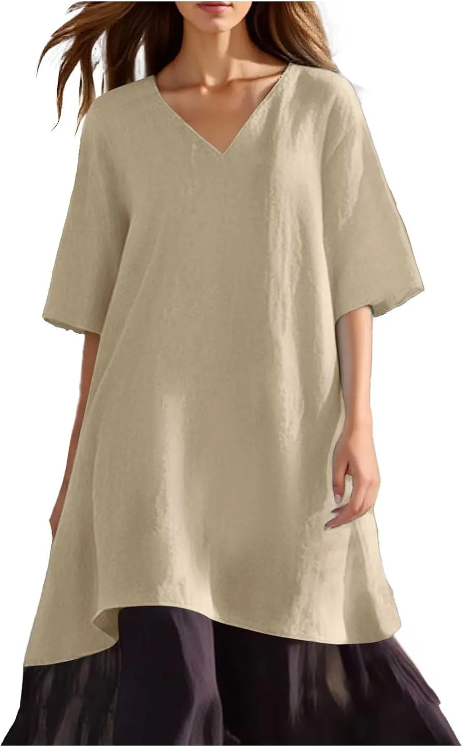 Summer Dress Women Fashion Solid Casual V Neck Five Point Sleeve Sexy Comfortable Dress