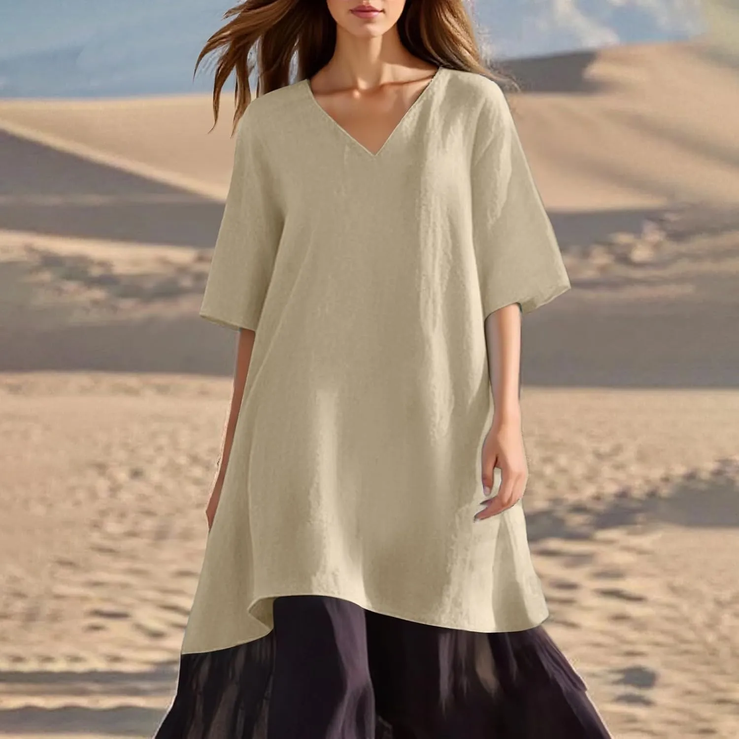 Summer Dress Women Fashion Solid Casual V Neck Five Point Sleeve Sexy Comfortable Dress