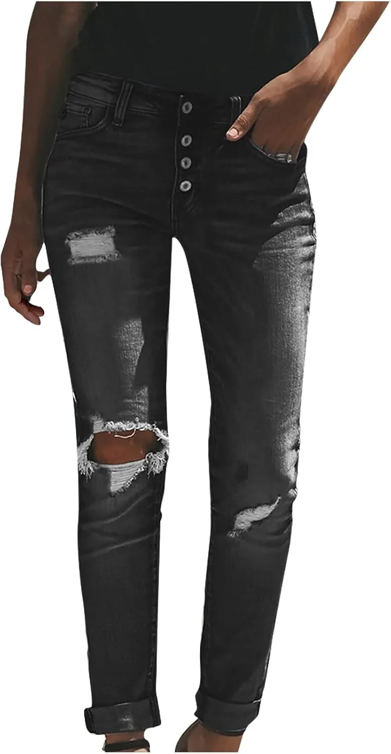 tuduoms Womens Relaxed Fit Jeans Mid Waist Straight Leg Boyfriend Ripped Denim Jeans Casual Distressed Stretch Pant Trousers