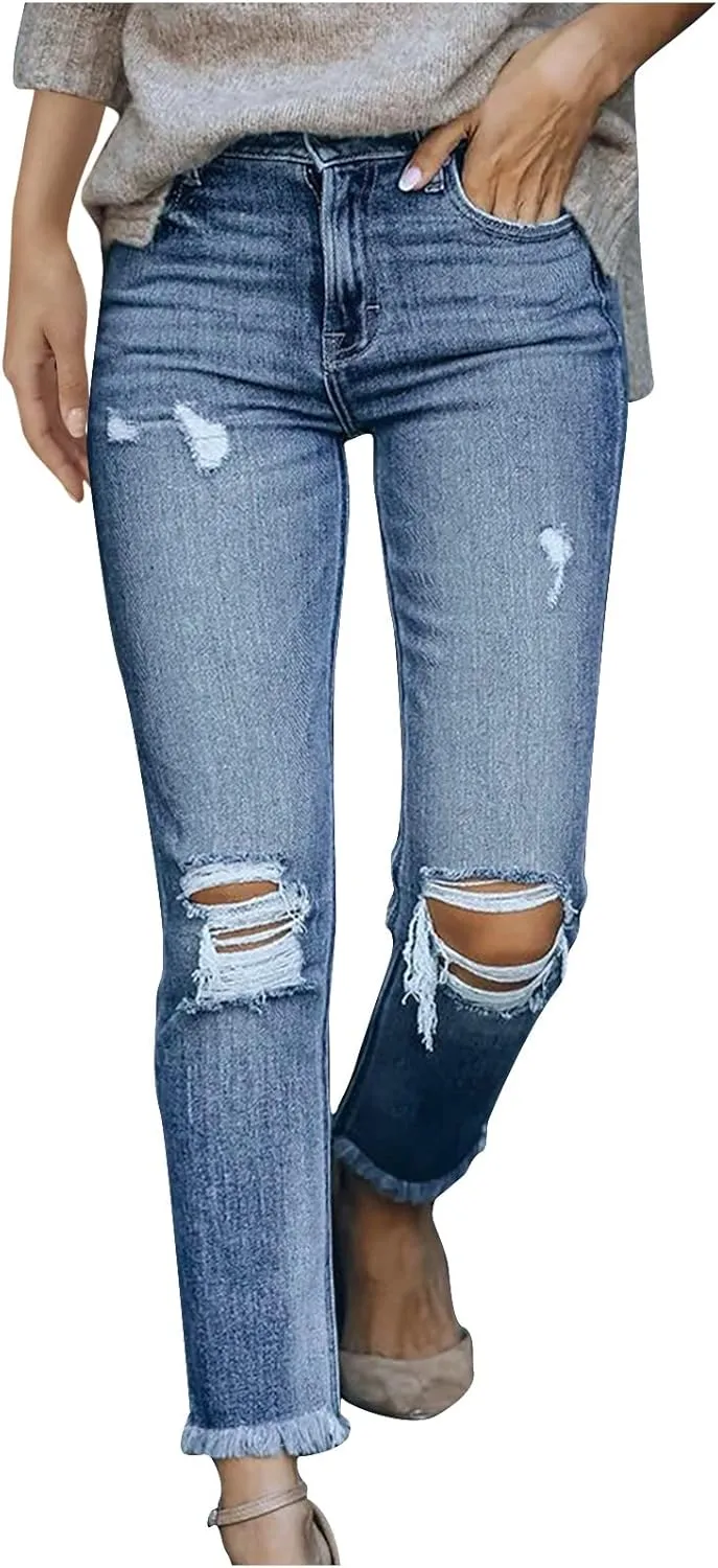 tuduoms Womens Relaxed Fit Jeans Mid Waist Straight Leg Boyfriend Ripped Denim Jeans Casual Distressed Stretch Pant Trousers