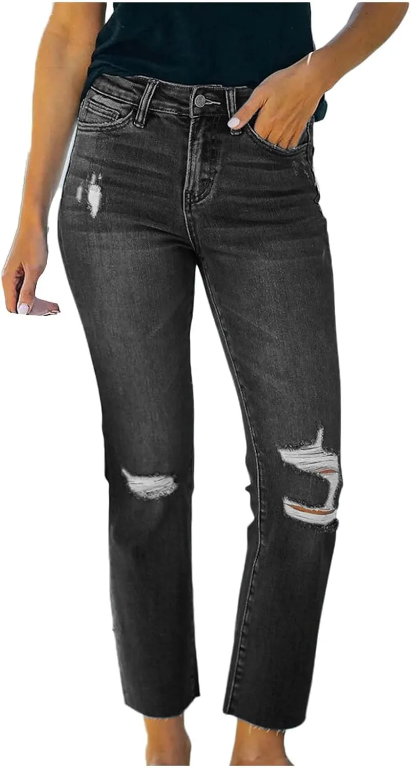 tuduoms Womens Relaxed Fit Jeans Mid Waist Straight Leg Boyfriend Ripped Denim Jeans Casual Distressed Stretch Pant Trousers