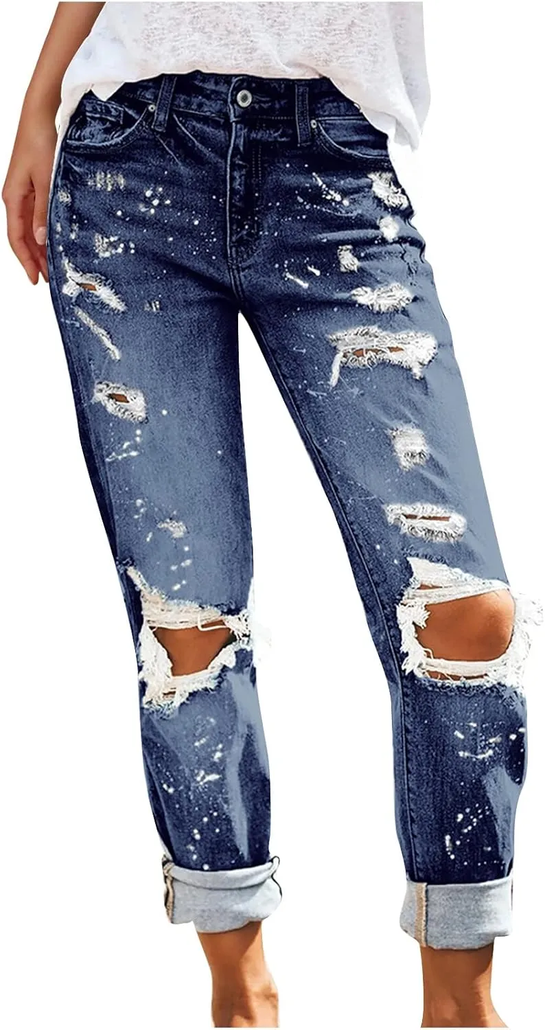 tuduoms Womens Relaxed Fit Jeans Mid Waist Straight Leg Boyfriend Ripped Denim Jeans Casual Distressed Stretch Pant Trousers