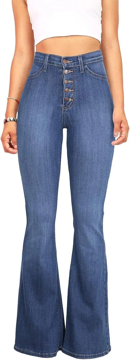 Uillui Bell Bottom Jeans Pants Curvy Women Stretchy Tummy Control Flare Jeans High Waist Wide Leg Skinny Bootcut Denim Jeans