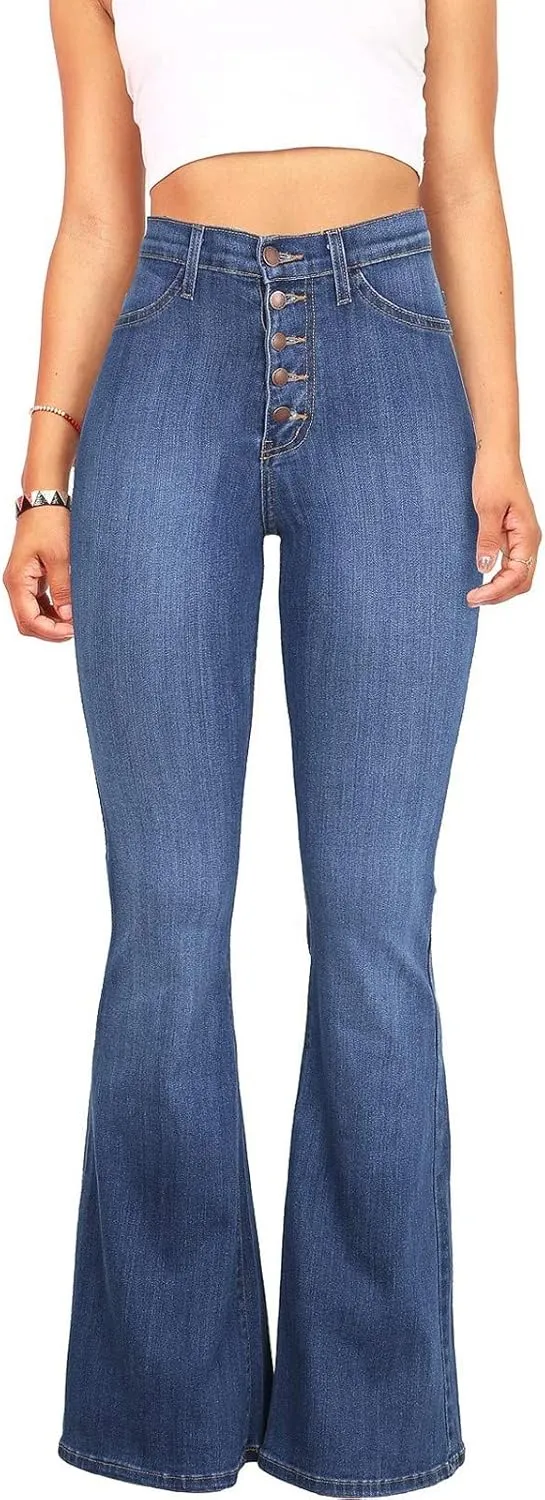 Uillui Bell Bottom Jeans Pants Curvy Women Stretchy Tummy Control Flare Jeans High Waist Wide Leg Skinny Bootcut Denim Jeans