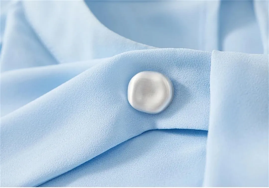 Women Chiffon Ribbon Blouse Loose Solid Stand Collar Elegant Shirts Pullover Office Lady Tops