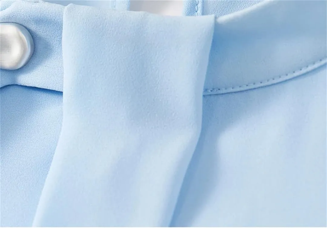 Women Chiffon Ribbon Blouse Loose Solid Stand Collar Elegant Shirts Pullover Office Lady Tops
