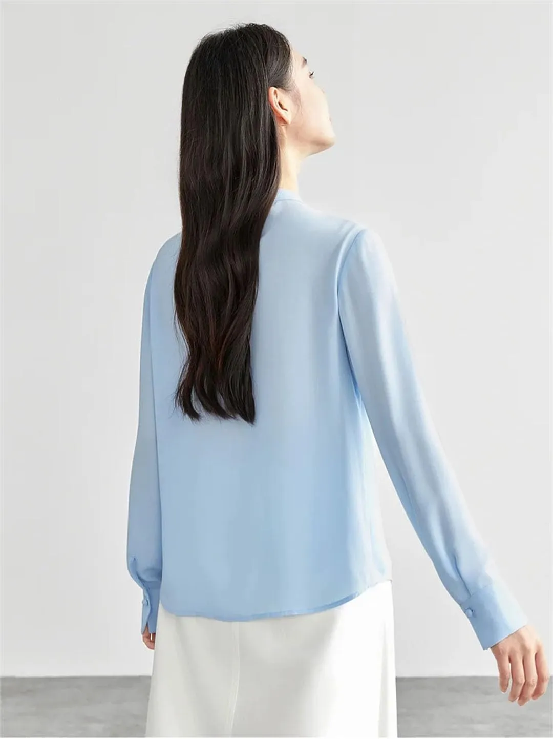 Women Chiffon Ribbon Blouse Loose Solid Stand Collar Elegant Shirts Pullover Office Lady Tops