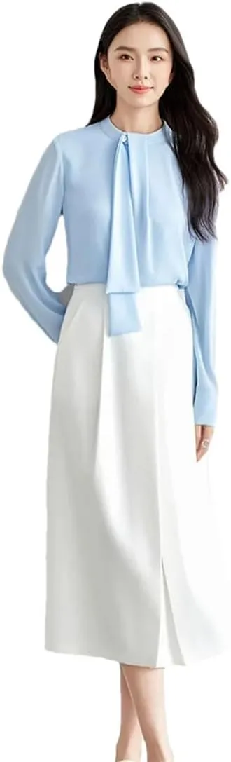 Women Chiffon Ribbon Blouse Loose Solid Stand Collar Elegant Shirts Pullover Office Lady Tops