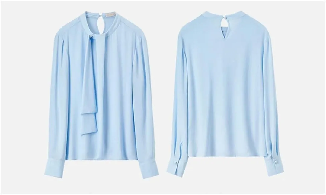 Women Chiffon Ribbon Blouse Loose Solid Stand Collar Elegant Shirts Pullover Office Lady Tops