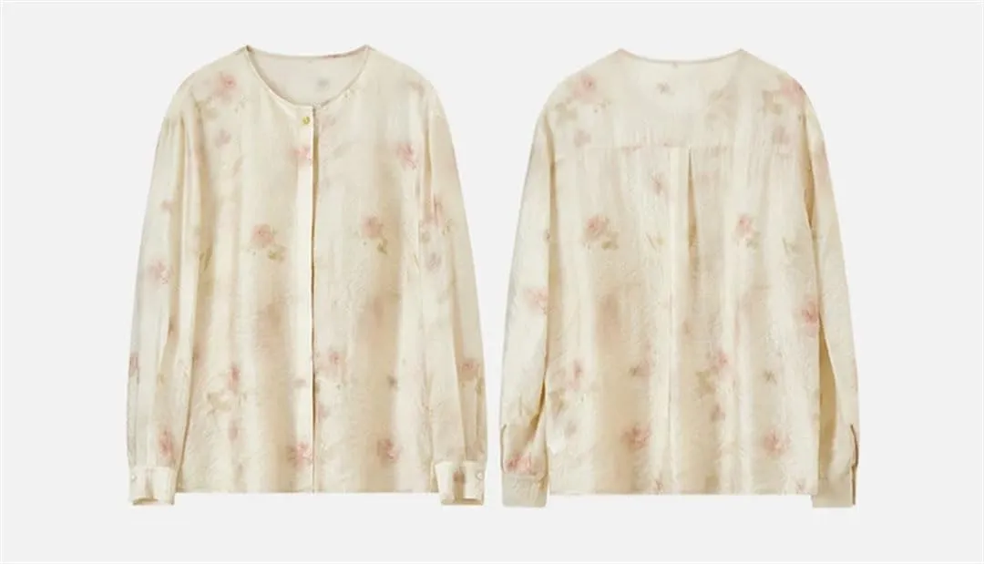 Women Elegant Chiffon Shirts Loose Print Crewneck Folds Blouse Long Sleeve Floral Office Lady Top