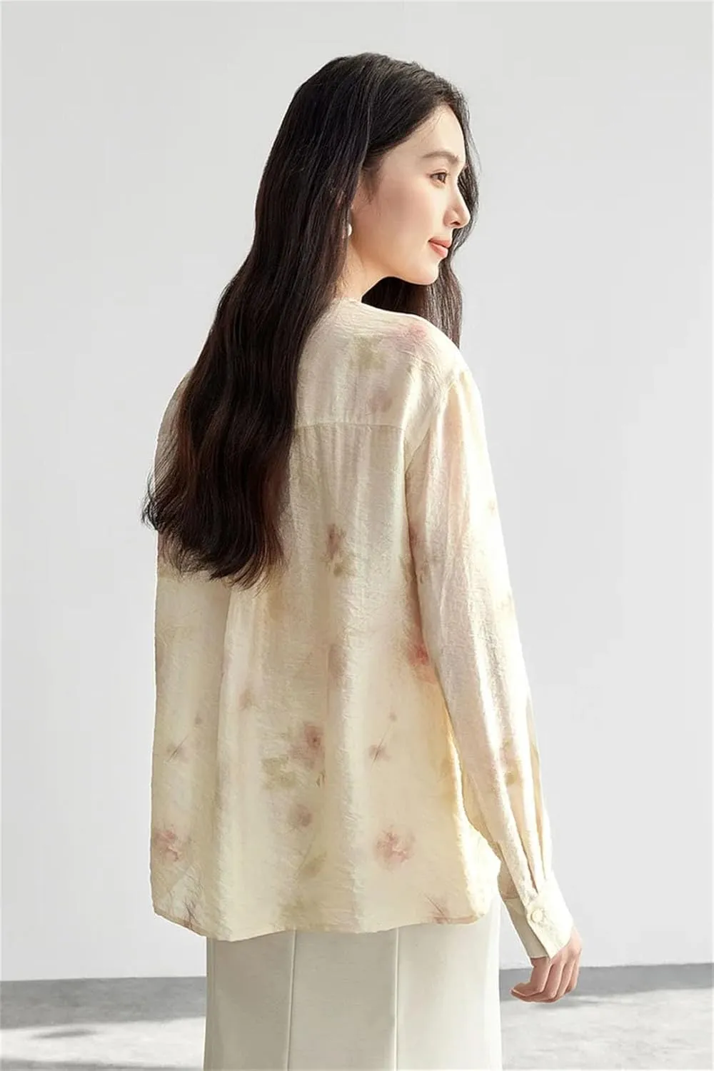 Women Elegant Chiffon Shirts Loose Print Crewneck Folds Blouse Long Sleeve Floral Office Lady Top