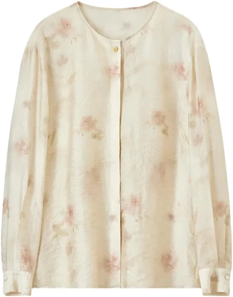 Women Elegant Chiffon Shirts Loose Print Crewneck Folds Blouse Long Sleeve Floral Office Lady Top