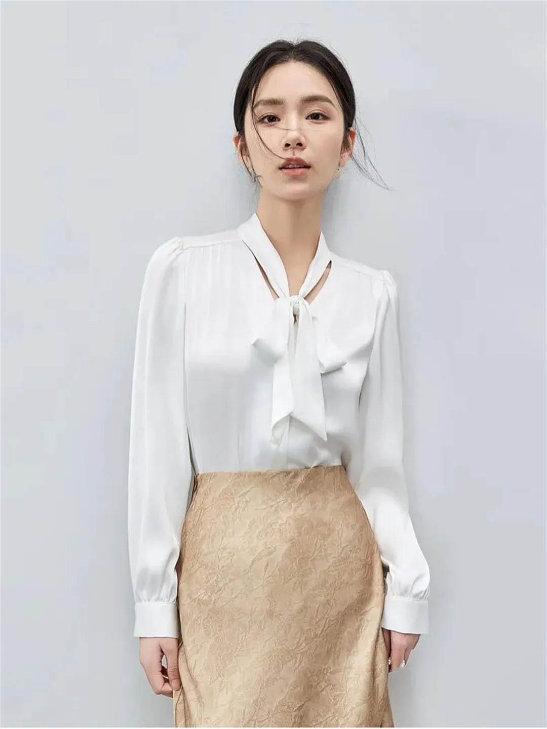 Women Lace-Up Collar Folds Blouse Long Sleeve Business Work Tops Elegant Pullover Solid Top