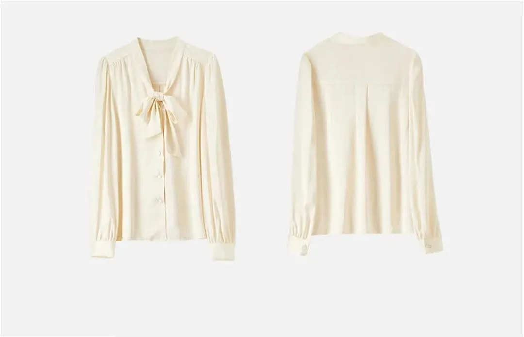 Women Lace-Up Collar Folds Blouse Long Sleeve Business Work Tops Elegant Pullover Solid Top