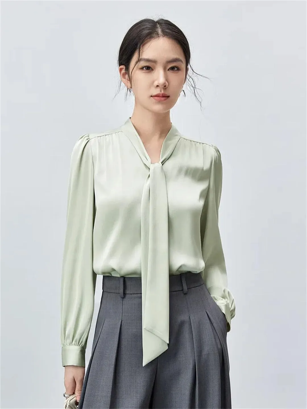 Women Lace-Up Collar Folds Blouse Long Sleeve Business Work Tops Elegant Pullover Solid Top