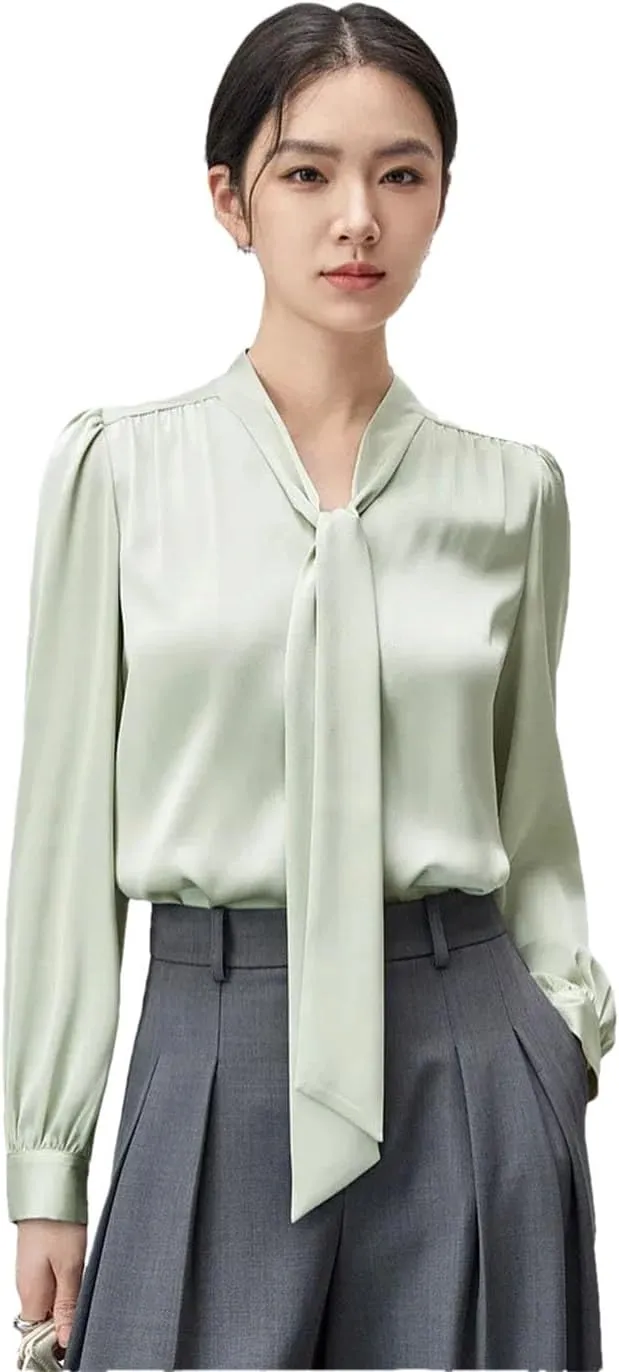 Women Lace-Up Collar Folds Blouse Long Sleeve Business Work Tops Elegant Pullover Solid Top