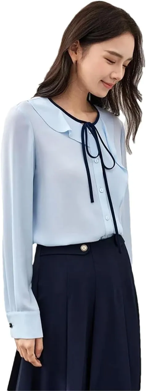 Women Ruffles Chiffon Shirts Office Lady Asymmetric Spliced Blouse Lace-Up Crewneck Elegant Top