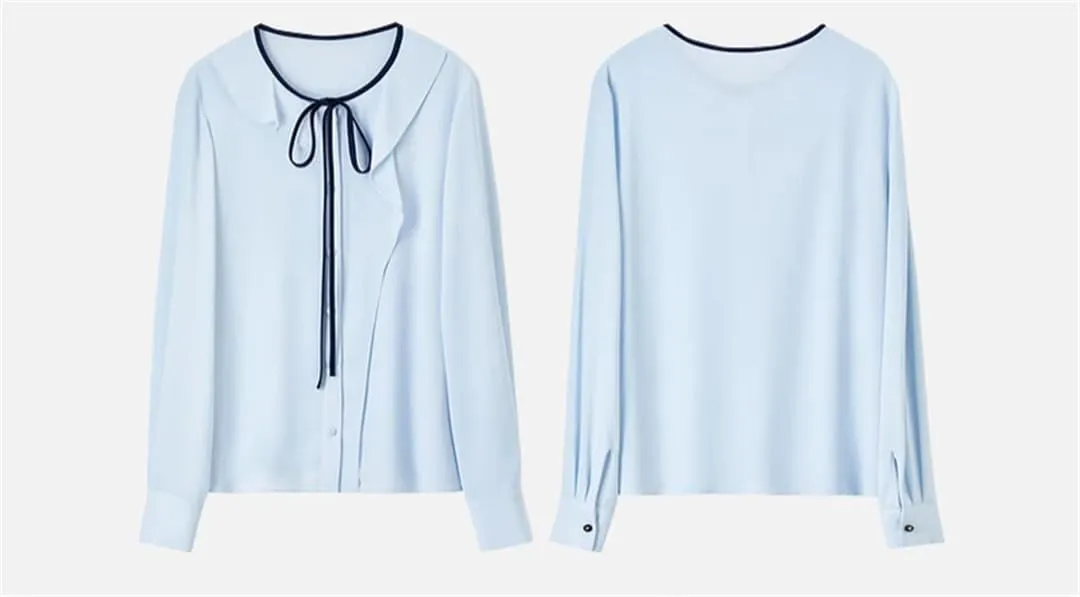 Women Ruffles Chiffon Shirts Office Lady Asymmetric Spliced Blouse Lace-Up Crewneck Elegant Top
