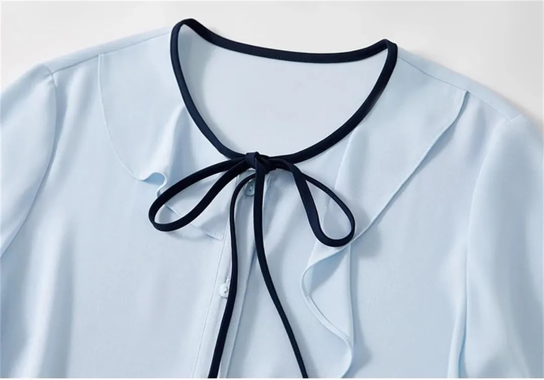Women Ruffles Chiffon Shirts Office Lady Asymmetric Spliced Blouse Lace-Up Crewneck Elegant Top