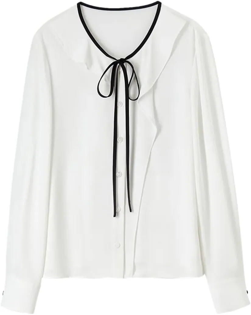 Women Ruffles Chiffon Shirts Office Lady Asymmetric Spliced Blouse Lace-Up Crewneck Elegant Top