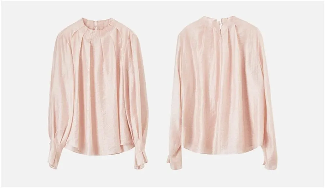 Women Ruffles Neck Petal Sleeve Blouse Folds Elegant Office Shirts Lady Loose Fit Shirts