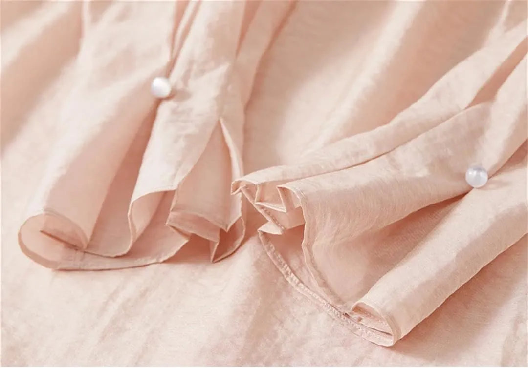 Women Ruffles Neck Petal Sleeve Blouse Folds Elegant Office Shirts Lady Loose Fit Shirts